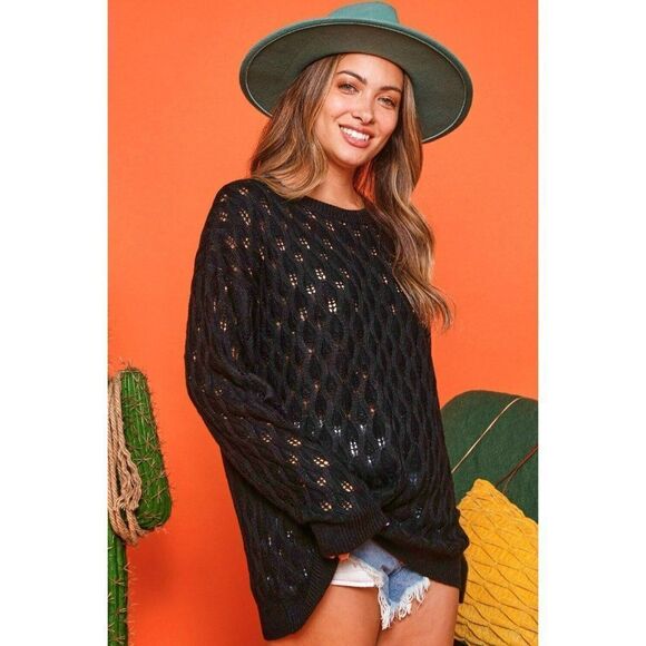 Fantastic Fawn Tops - SALE! Fantastic Fawn Black Long Sleeve Pointelle Knit Sweater IFKT75088-01